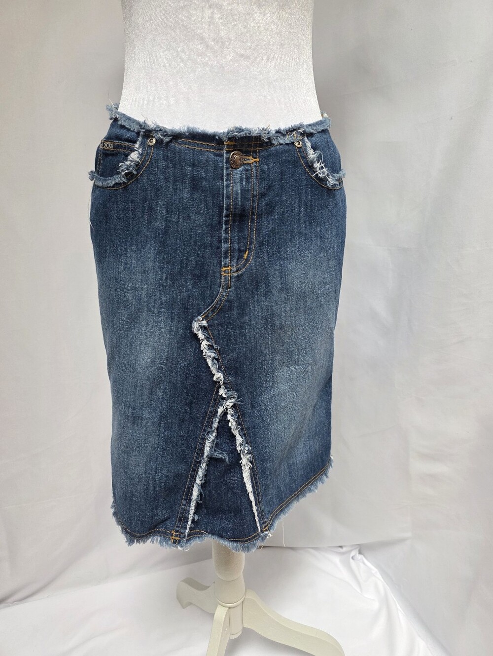 XOXO Y2K Denim Midi Skirt Distressed Frayed Front Slit Size 5/6